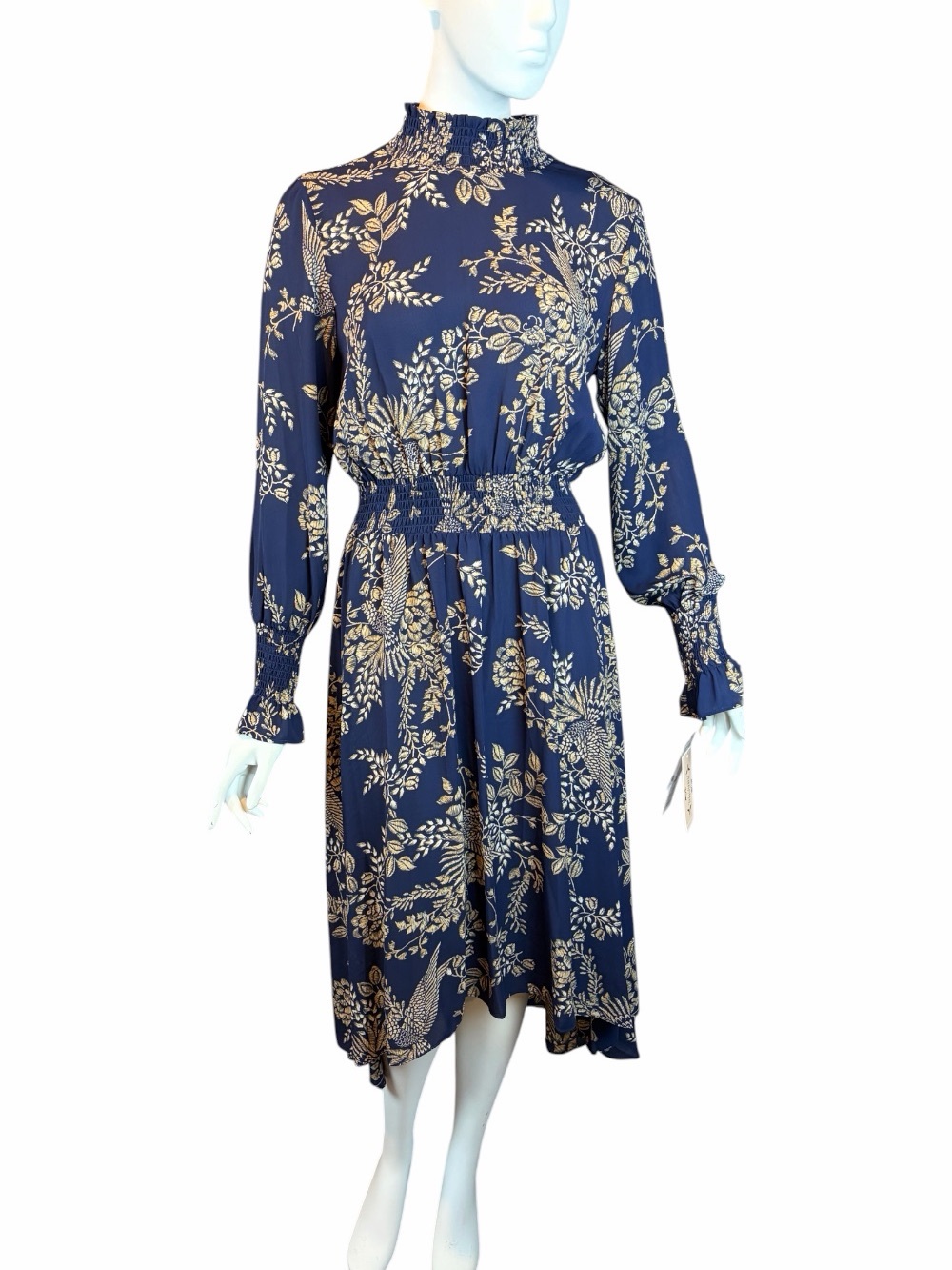 Nanette Lepore Navy Dress Size 8 Midi Modest Smocked Waist High Neck NEW NWT